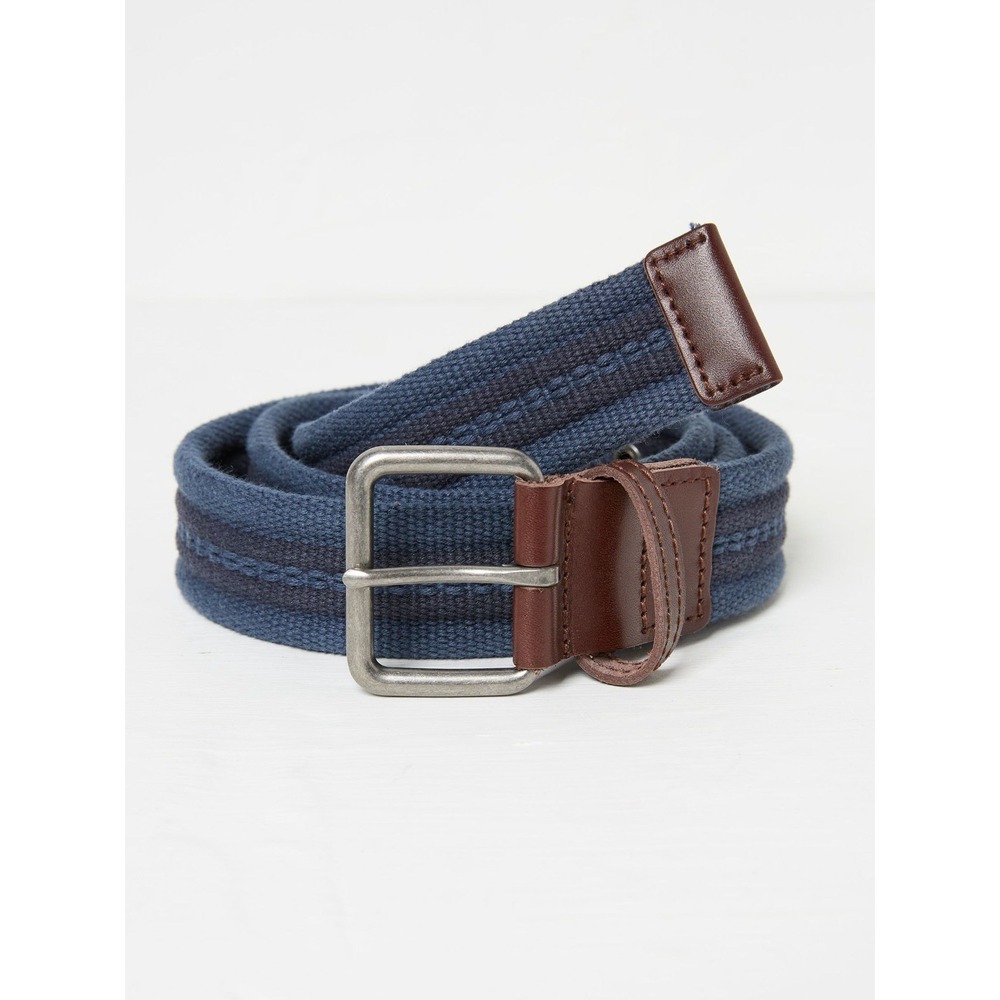 FAT FACE Belt Blue Leather XL Trim Fabric Cotton Webbing Classic Brushed Silver